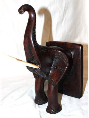 Vintage Hand Carved Wood Elephant Bookend African Decor 2 lb 10 oz
